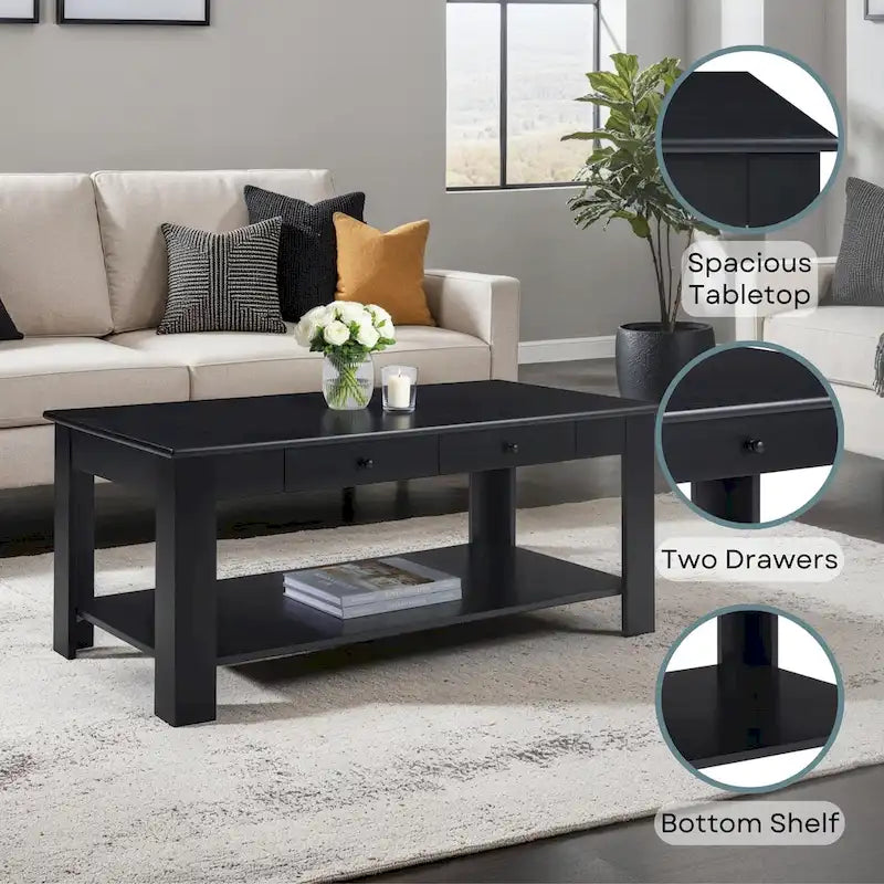 Table basse à double tiroir avec étagère