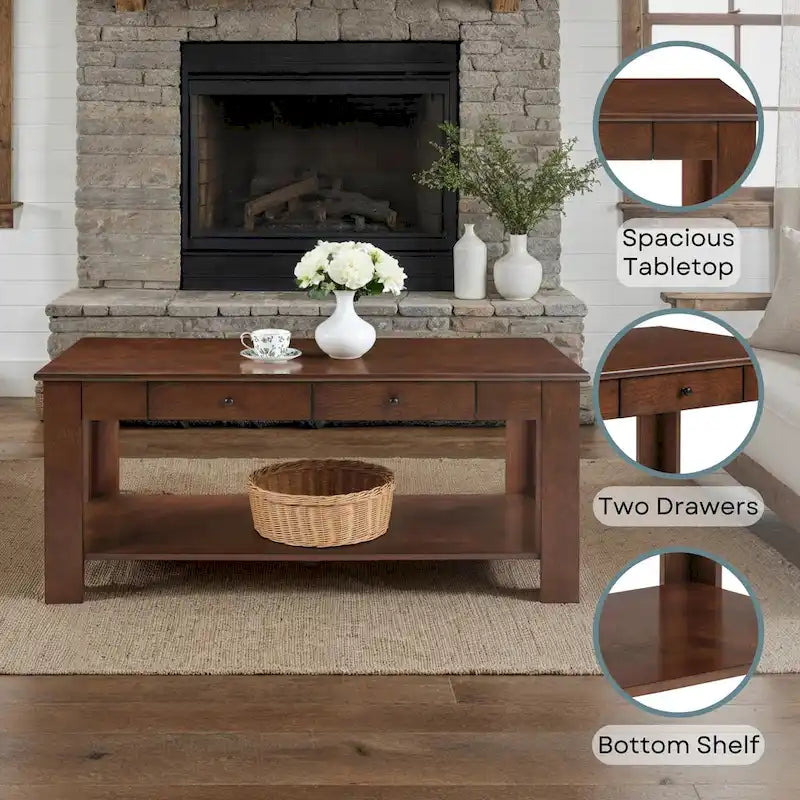 Table basse à double tiroir avec étagère