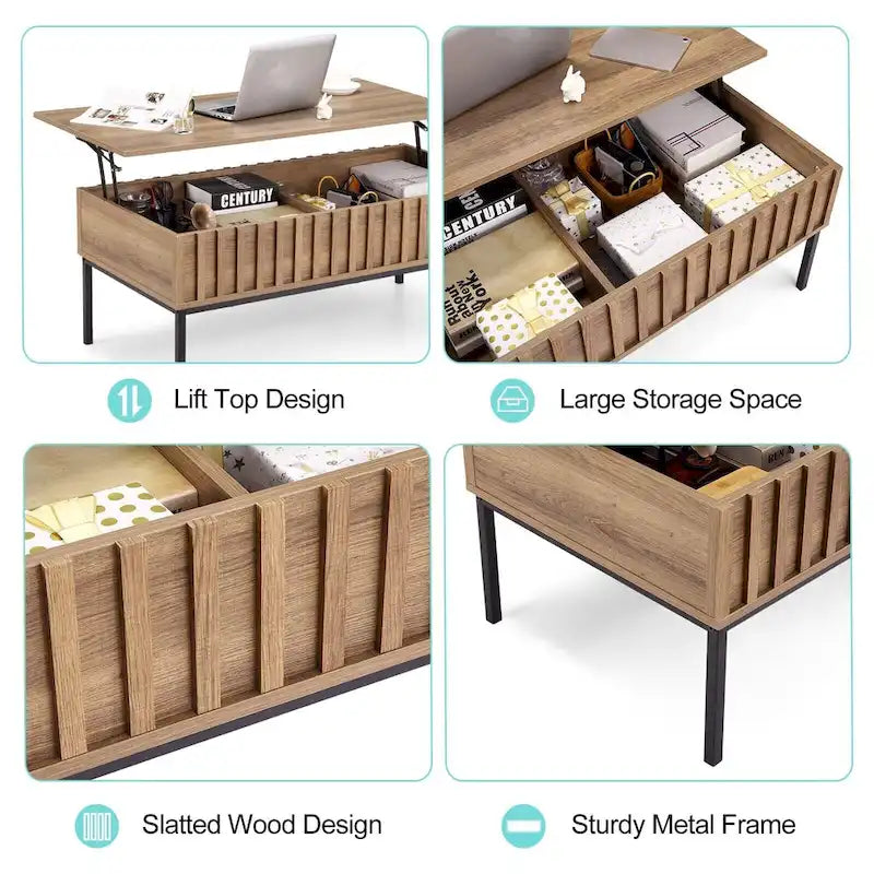 Table basse en bois, table basse relevable avec grand compartiment de rangement caché - 22*43