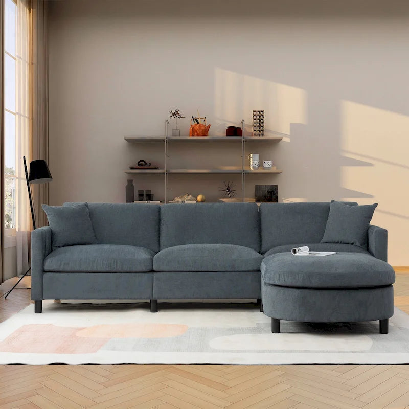 Canapé d'angle gris 107.87 places avec coussin amovible et ottoman mobile, accoudoir de rangement