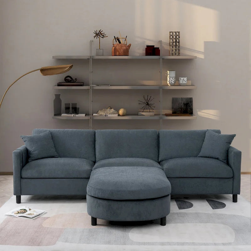 Canapé d'angle gris 107.87 places avec coussin amovible et ottoman mobile, accoudoir de rangement