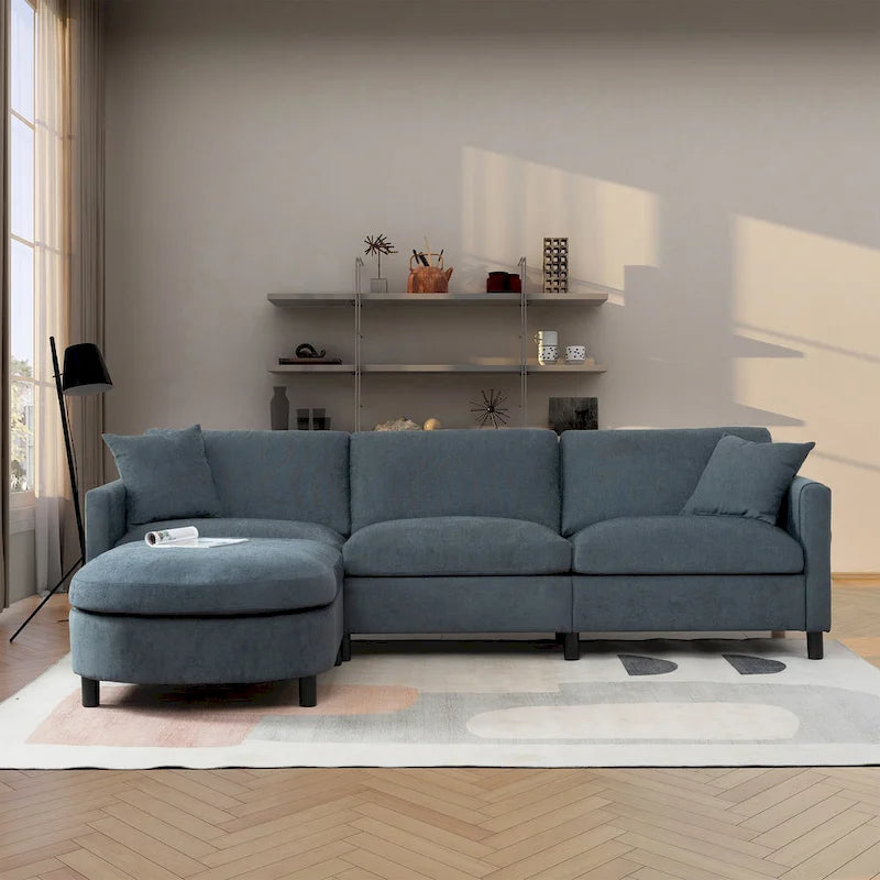 Canapé d'angle gris 107.87 places avec coussin amovible et ottoman mobile, accoudoir de rangement