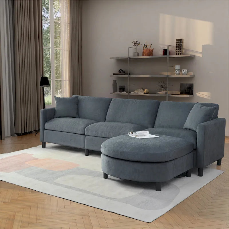 Canapé d'angle gris 107.87 places avec coussin amovible et ottoman mobile, accoudoir de rangement