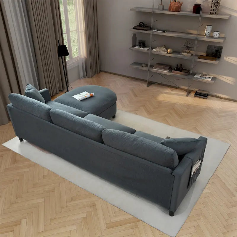 Canapé d'angle gris 107.87 places avec coussin amovible et ottoman mobile, accoudoir de rangement
