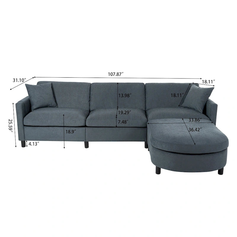 Canapé d'angle gris 107.87 places avec coussin amovible et ottoman mobile, accoudoir de rangement