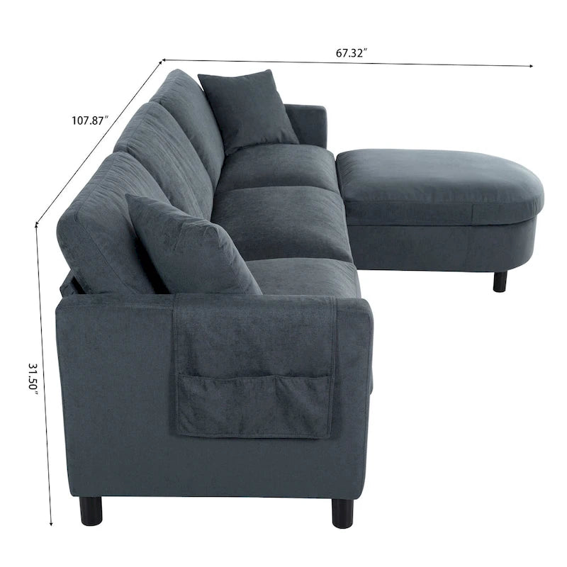 Canapé d'angle gris 107.87 places avec coussin amovible et ottoman mobile, accoudoir de rangement