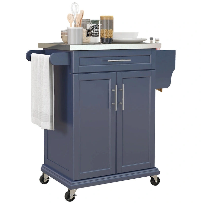 Îlot de cuisine roulant, desserte de cuisine mobile, comptoir et tiroirs en acier inoxydable, gris