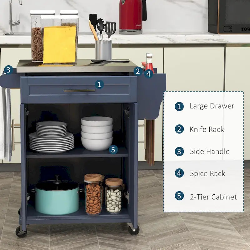 Îlot de cuisine roulant, desserte de cuisine mobile, comptoir et tiroirs en acier inoxydable, gris
