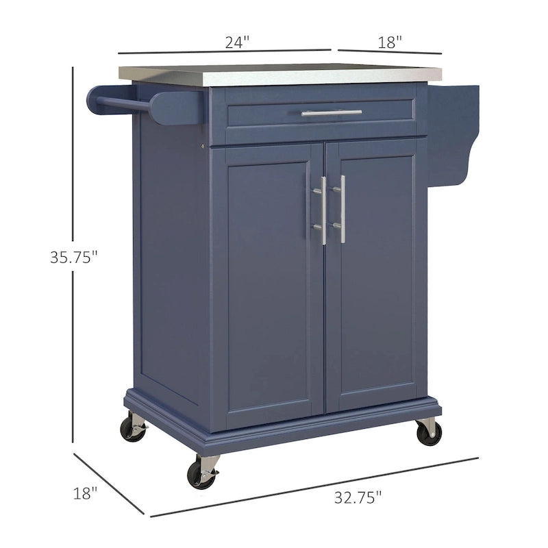 Îlot de cuisine roulant, desserte de cuisine mobile, comptoir et tiroirs en acier inoxydable, gris