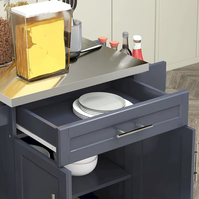 Îlot de cuisine roulant, desserte de cuisine mobile, comptoir et tiroirs en acier inoxydable, gris