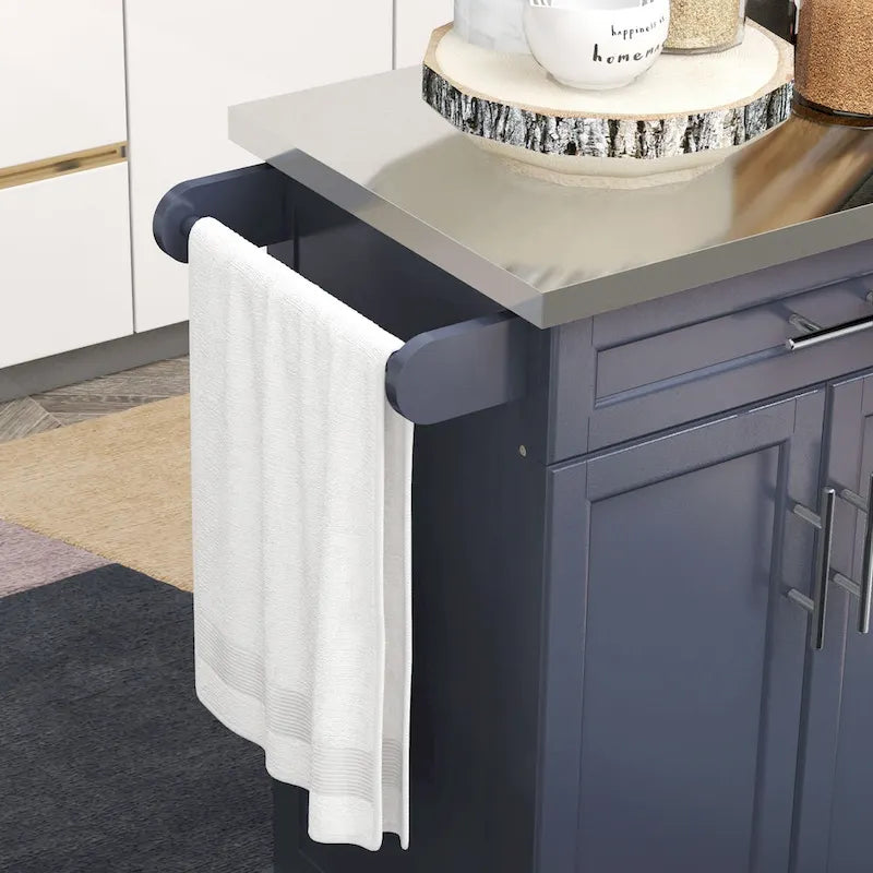 Îlot de cuisine roulant, desserte de cuisine mobile, comptoir et tiroirs en acier inoxydable, gris