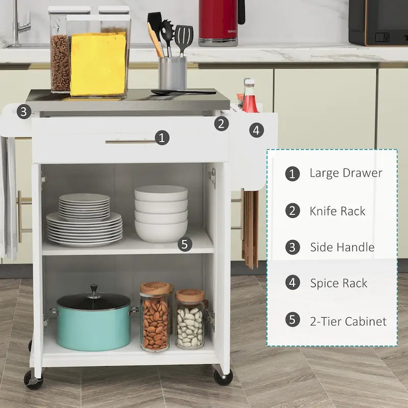 Îlot de cuisine roulant, desserte de cuisine mobile, comptoir et tiroirs en acier inoxydable, gris