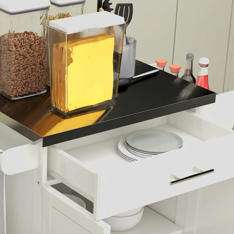 Îlot de cuisine roulant, desserte de cuisine mobile, comptoir et tiroirs en acier inoxydable, gris