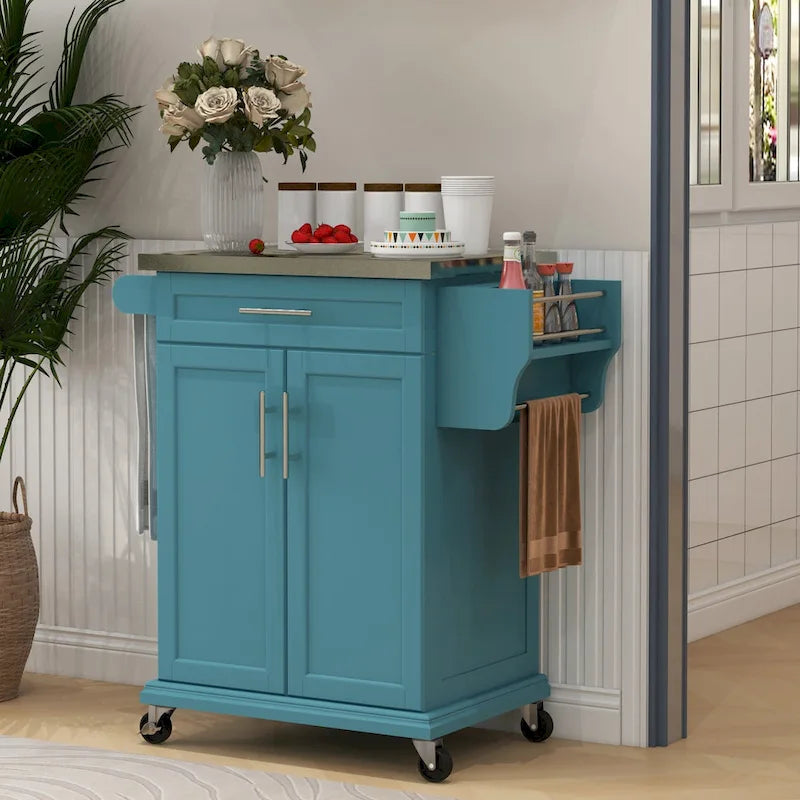 Îlot de cuisine roulant, desserte de cuisine mobile, comptoir et tiroirs en acier inoxydable, gris