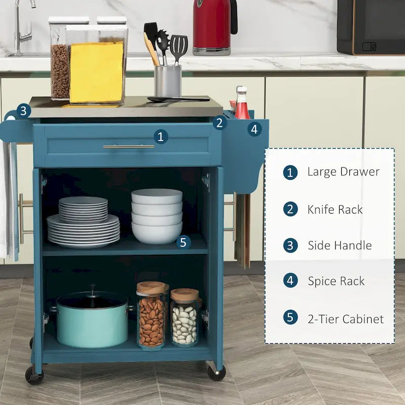 Îlot de cuisine roulant, desserte de cuisine mobile, comptoir et tiroirs en acier inoxydable, gris