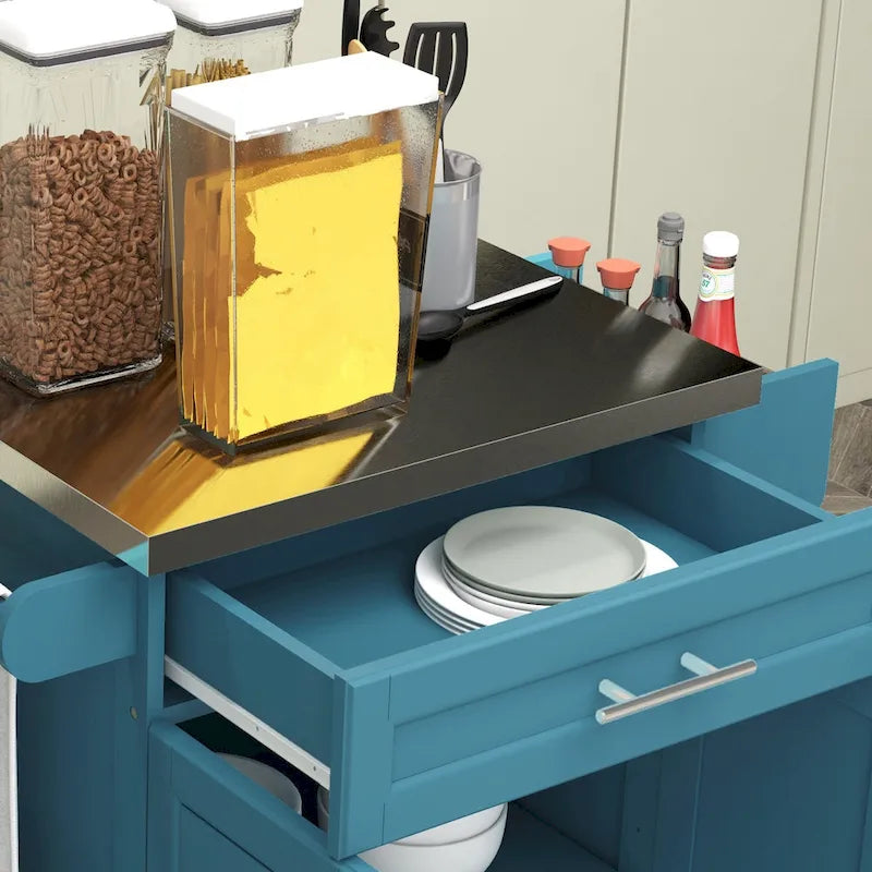 Îlot de cuisine roulant, desserte de cuisine mobile, comptoir et tiroirs en acier inoxydable, gris