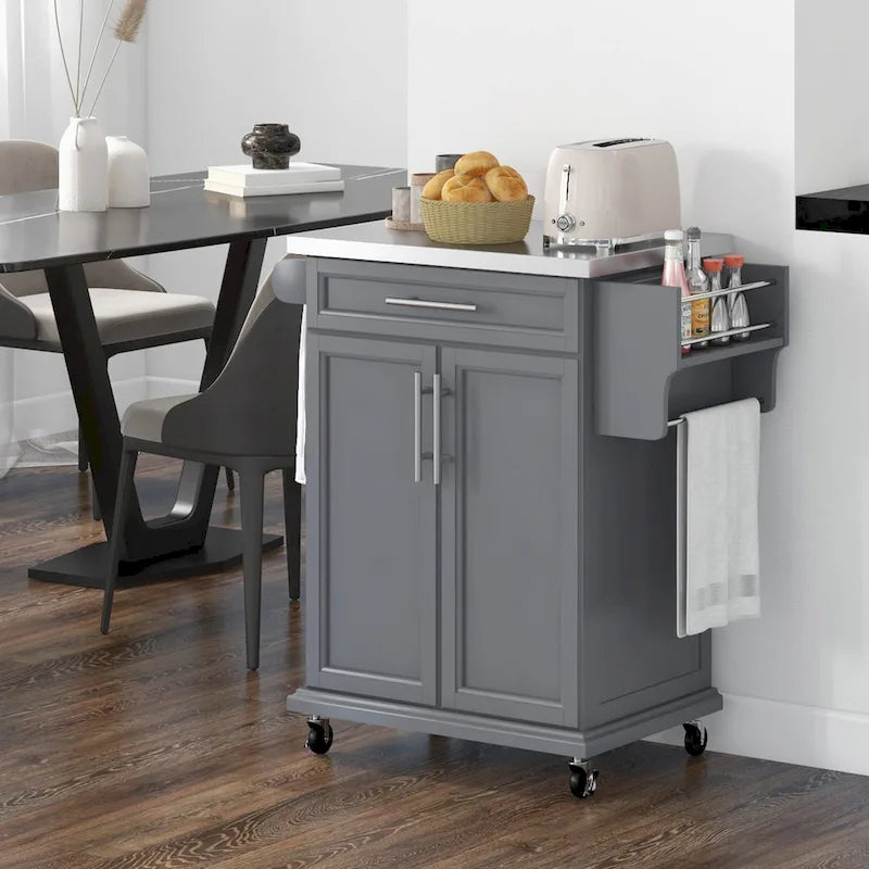 Îlot de cuisine roulant, desserte de cuisine mobile, comptoir et tiroirs en acier inoxydable, gris