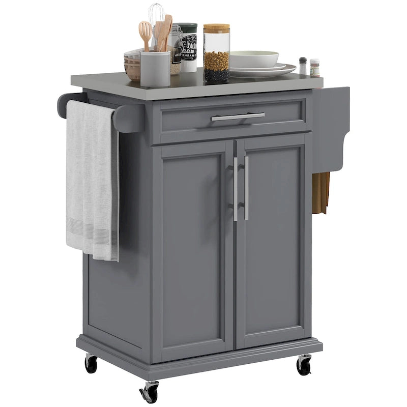 Îlot de cuisine roulant, desserte de cuisine mobile, comptoir et tiroirs en acier inoxydable, gris