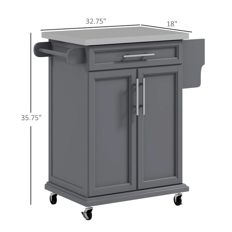 Îlot de cuisine roulant, desserte de cuisine mobile, comptoir et tiroirs en acier inoxydable, gris