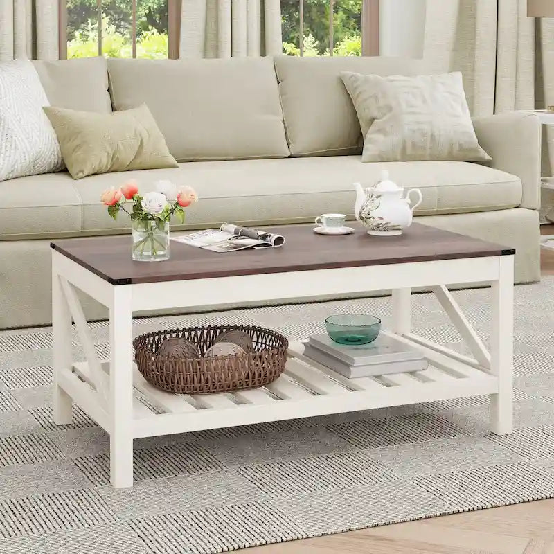 Table basse de salon avec étagères de rangement, table centrale autour du canapé.