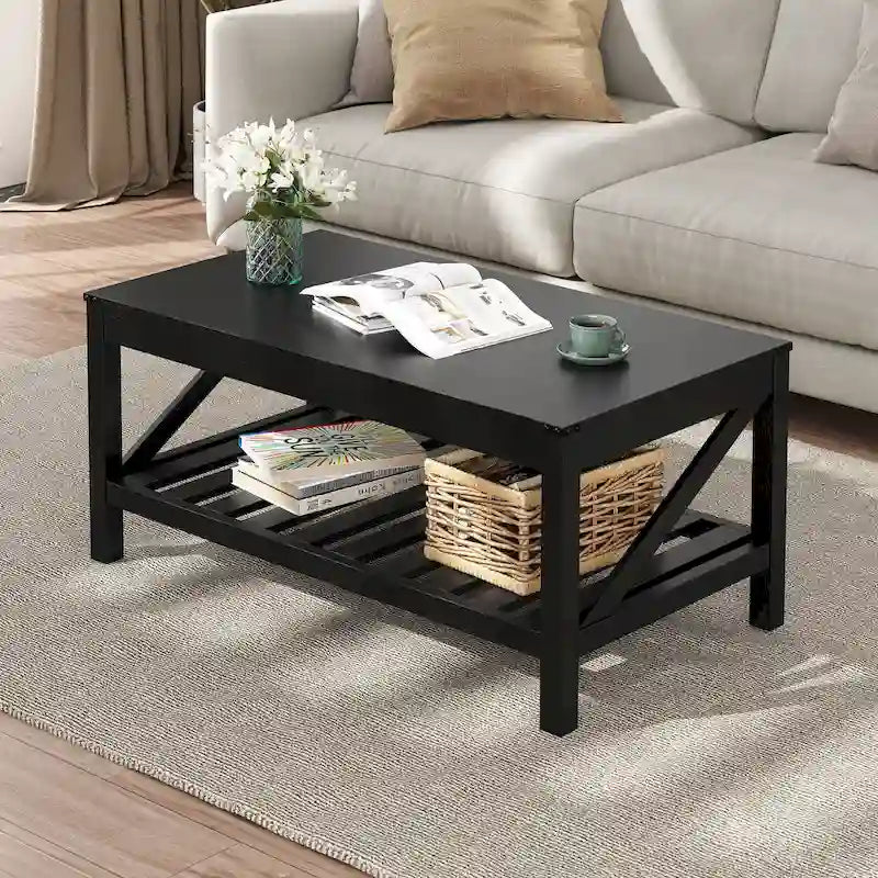Table basse de salon avec étagères de rangement, table centrale autour du canapé.