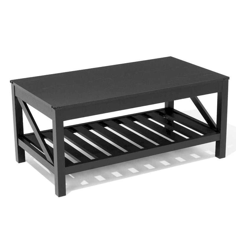 Table basse de salon avec étagères de rangement, table centrale autour du canapé.