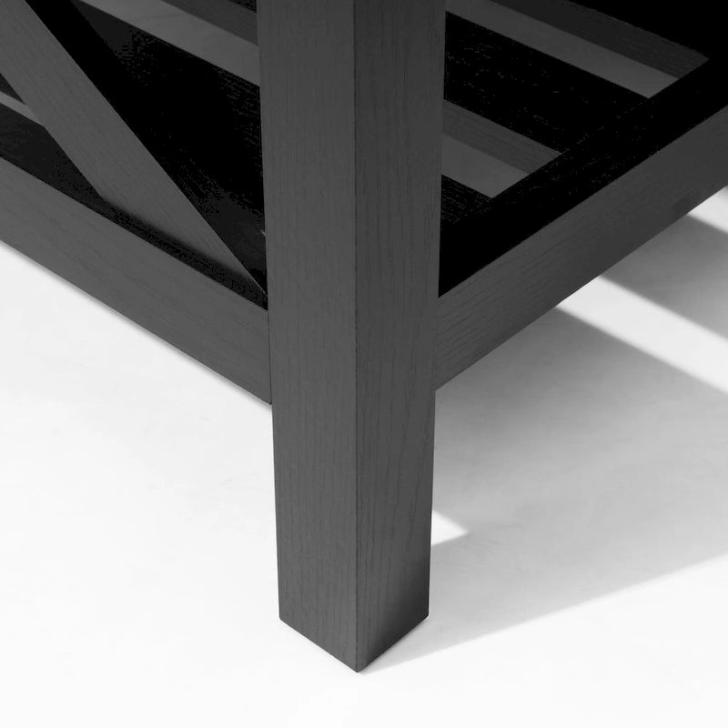 Table basse de salon avec étagères de rangement, table centrale autour du canapé.