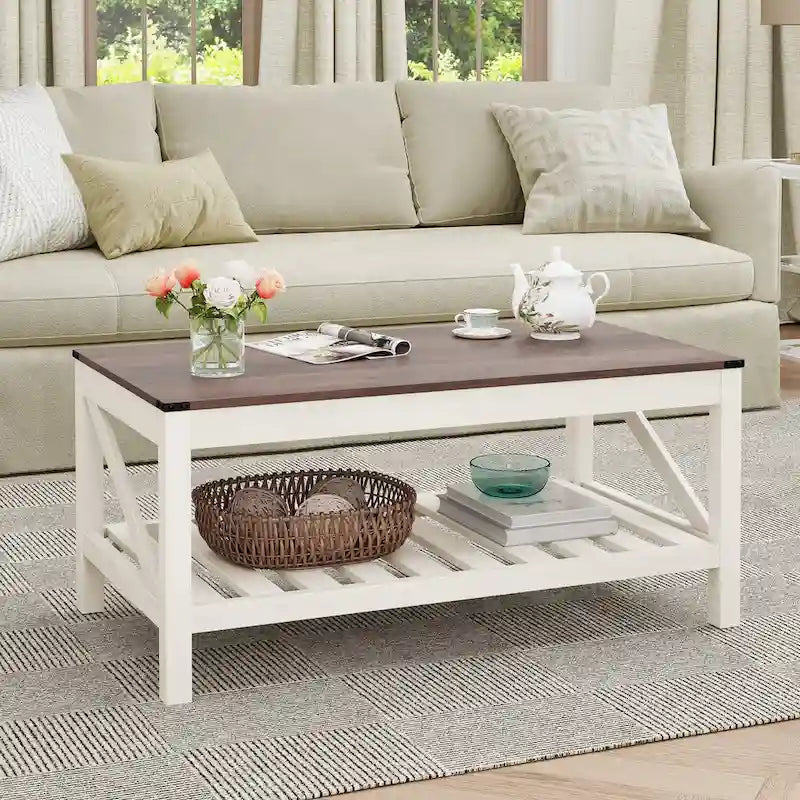 Table basse de salon avec étagères de rangement, table centrale autour du canapé.