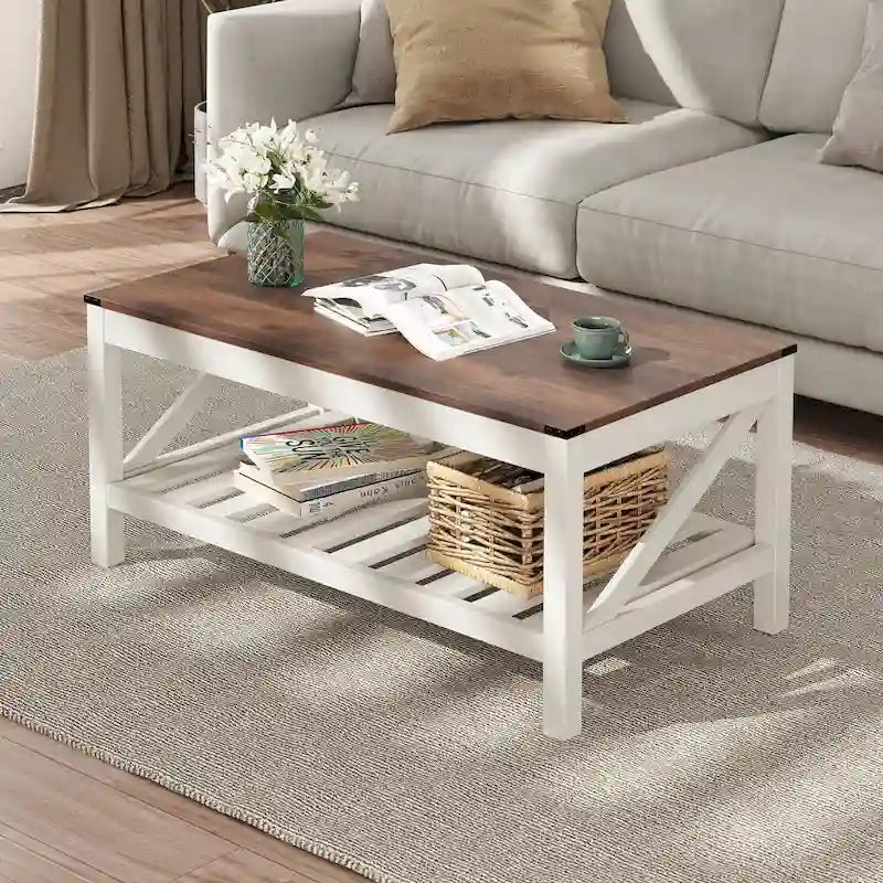 Table basse de salon avec étagères de rangement, table centrale autour du canapé.