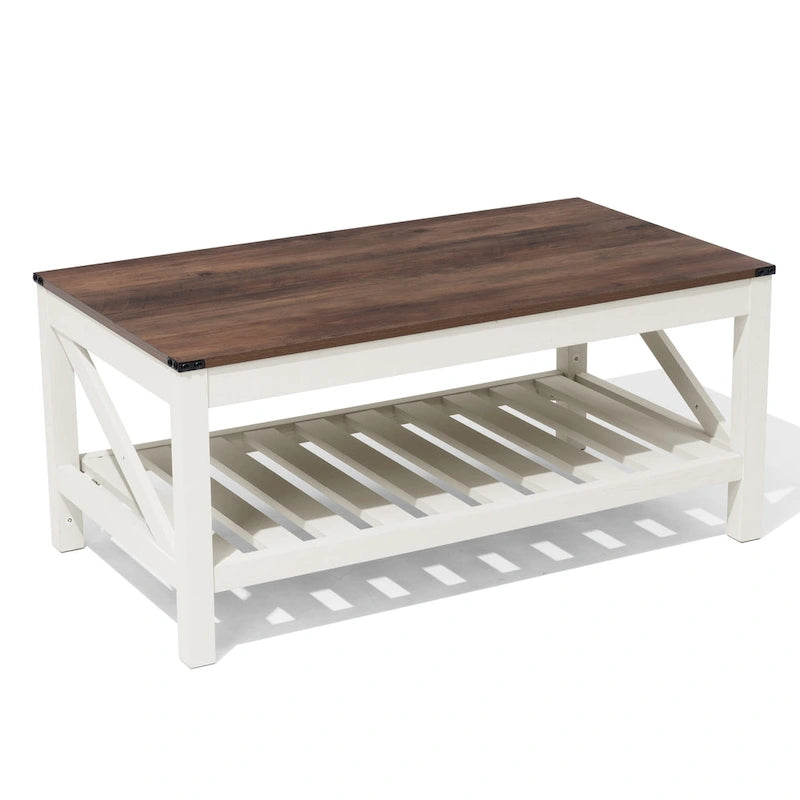 Table basse de salon avec étagères de rangement, table centrale autour du canapé.