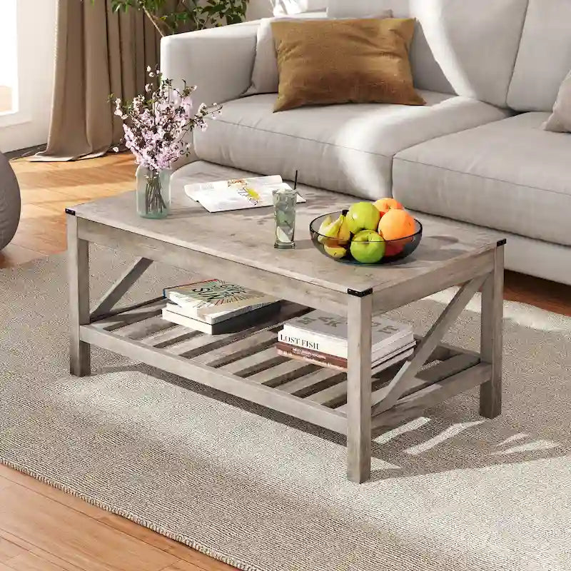 Table basse de salon avec étagères de rangement, table centrale autour du canapé.