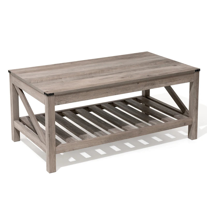 Table basse de salon avec étagères de rangement, table centrale autour du canapé.