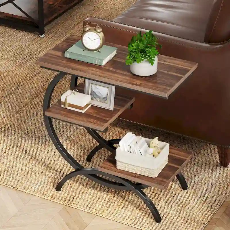 Table d'appoint en C, Table d'appoint industrielle à 3 niveaux, Table de chevet en bois