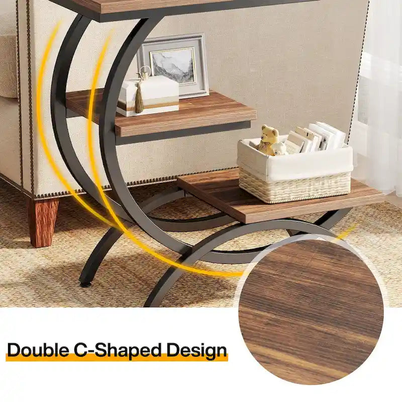 Table d'appoint en C, Table d'appoint industrielle à 3 niveaux, Table de chevet en bois