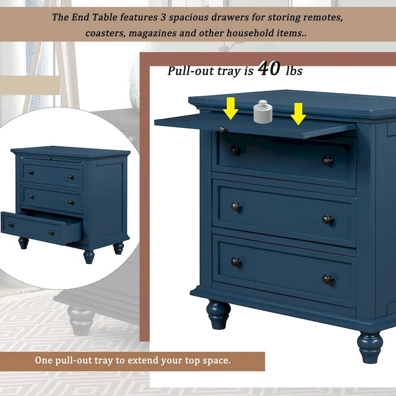 Table d'appoint en pin massif avec tablette coulissante et 3 tiroirs, montage facile