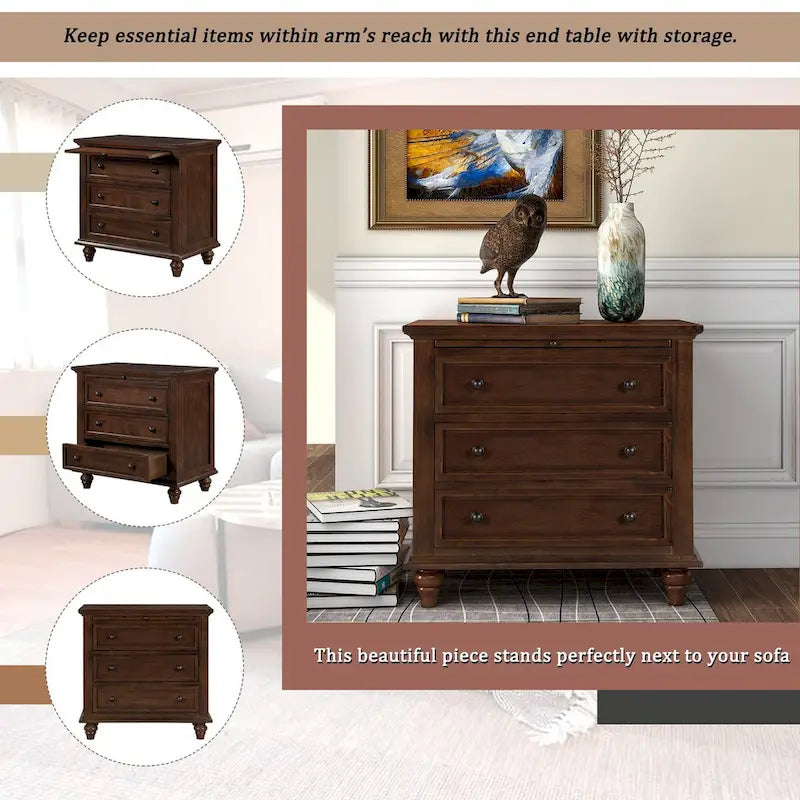 Table d'appoint en pin massif avec tablette coulissante et 3 tiroirs, montage facile