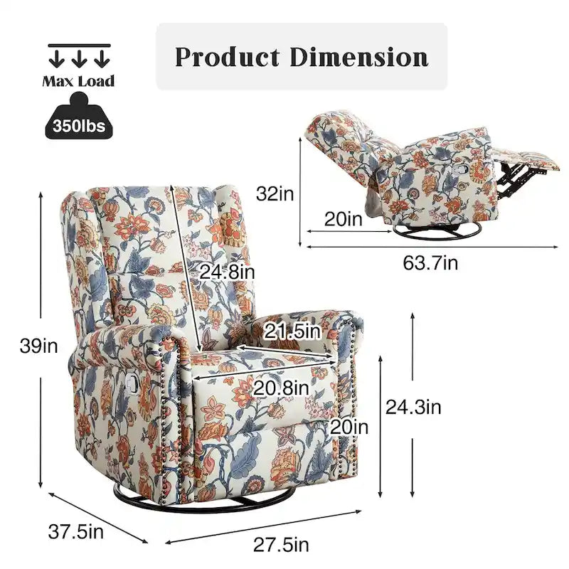 Fauteuil à bascule et planeur pivotant manuel avec motif floral, ensemble deux pièces