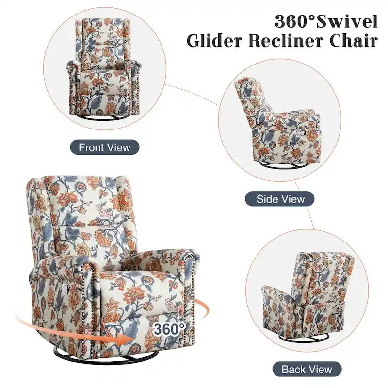 Fauteuil à bascule et planeur pivotant manuel avec motif floral, ensemble deux pièces