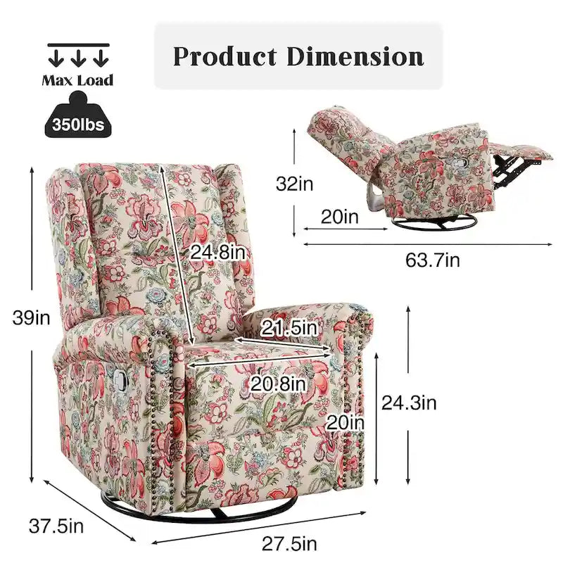 Fauteuil à bascule et planeur pivotant manuel avec motif floral, ensemble deux pièces
