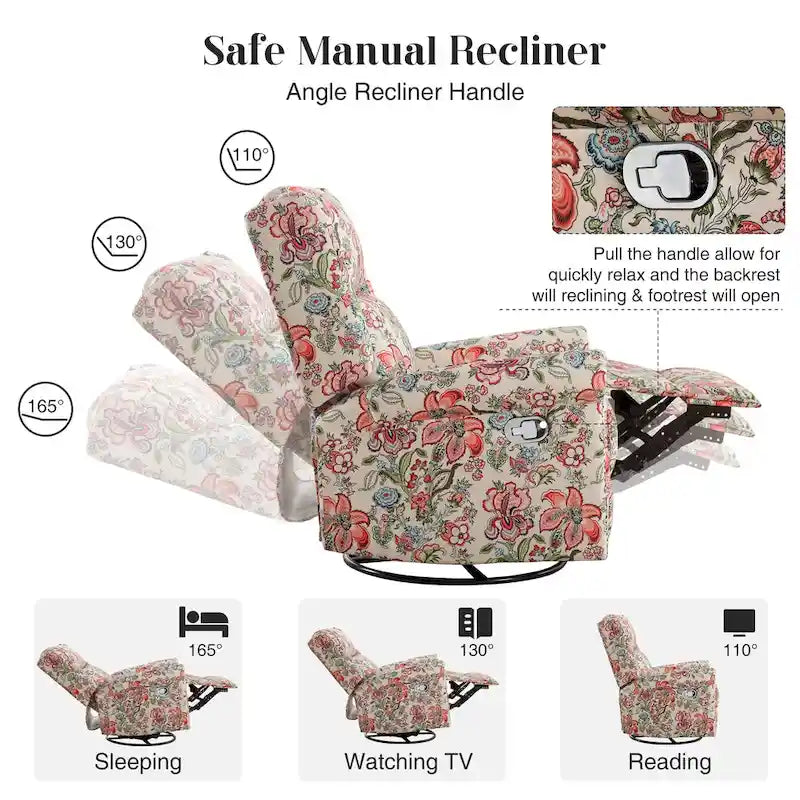 Fauteuil à bascule et planeur pivotant manuel avec motif floral, ensemble deux pièces