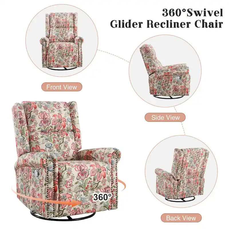 Fauteuil à bascule et planeur pivotant manuel avec motif floral, ensemble deux pièces