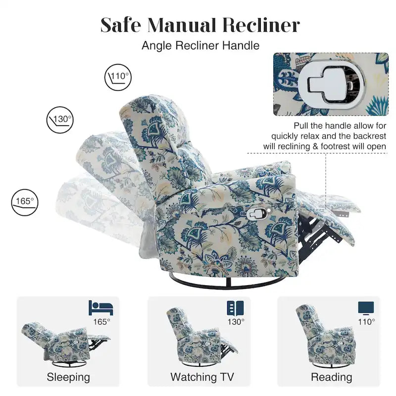 Fauteuil à bascule et planeur pivotant manuel avec motif floral, ensemble deux pièces