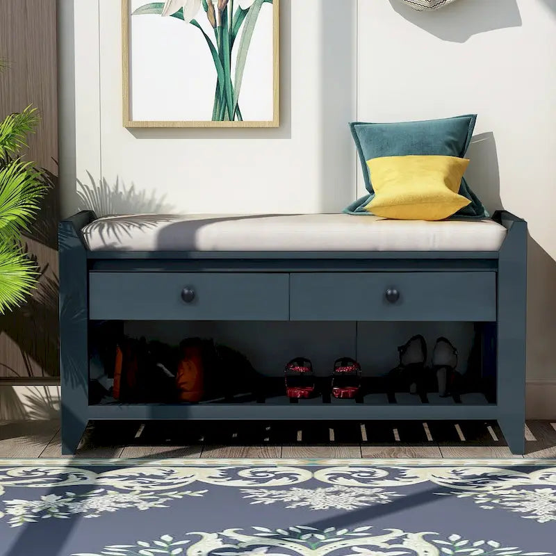 Meuble à chaussures avec coussin et tiroirs, banc de rangement multifonctionnel pour entrée (Bleu marine antique)