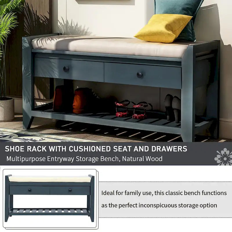 Meuble à chaussures avec coussin et tiroirs, banc de rangement multifonctionnel pour entrée (Bleu marine antique)