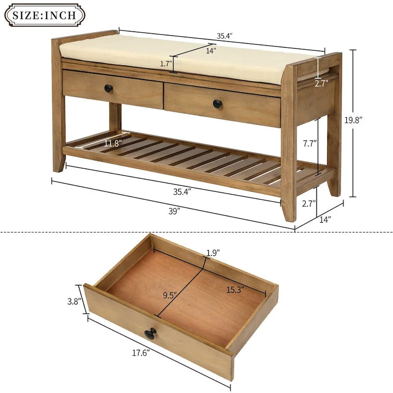 Meuble à chaussures avec coussin et tiroirs, banc de rangement multifonctionnel pour entrée (Bleu marine antique)