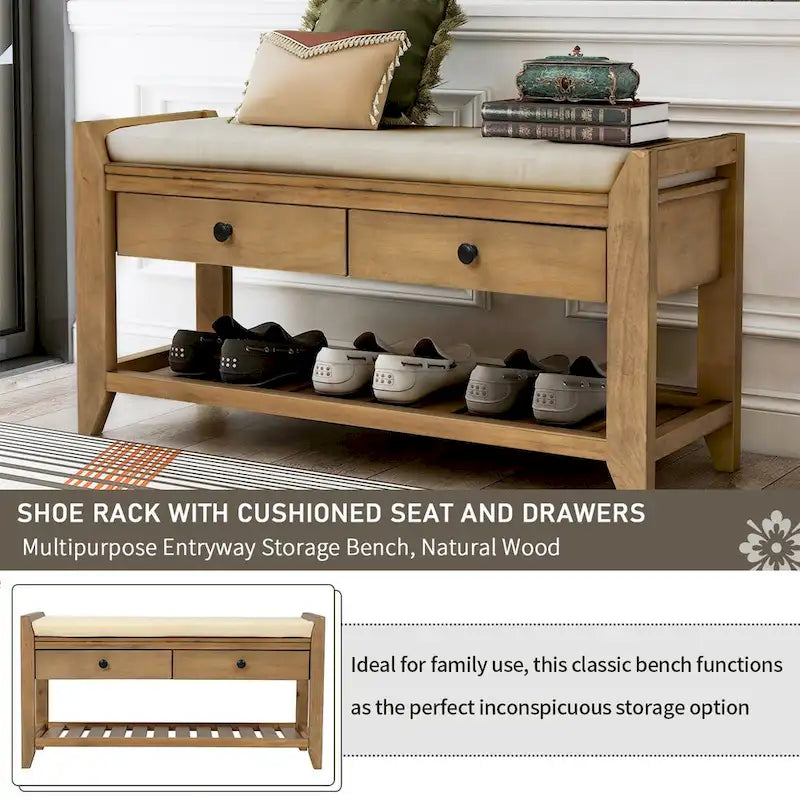 Meuble à chaussures avec coussin et tiroirs, banc de rangement multifonctionnel pour entrée (Bleu marine antique)