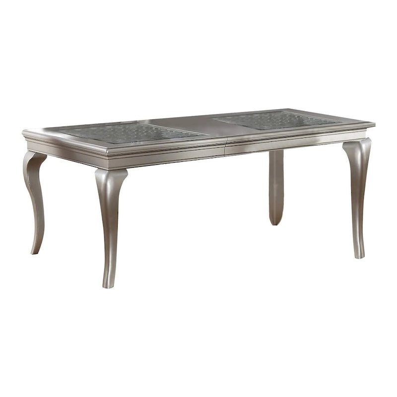 Table de salle à manger 168-213 cm, extensible 6 places, plateau en verre argenté et bois.
