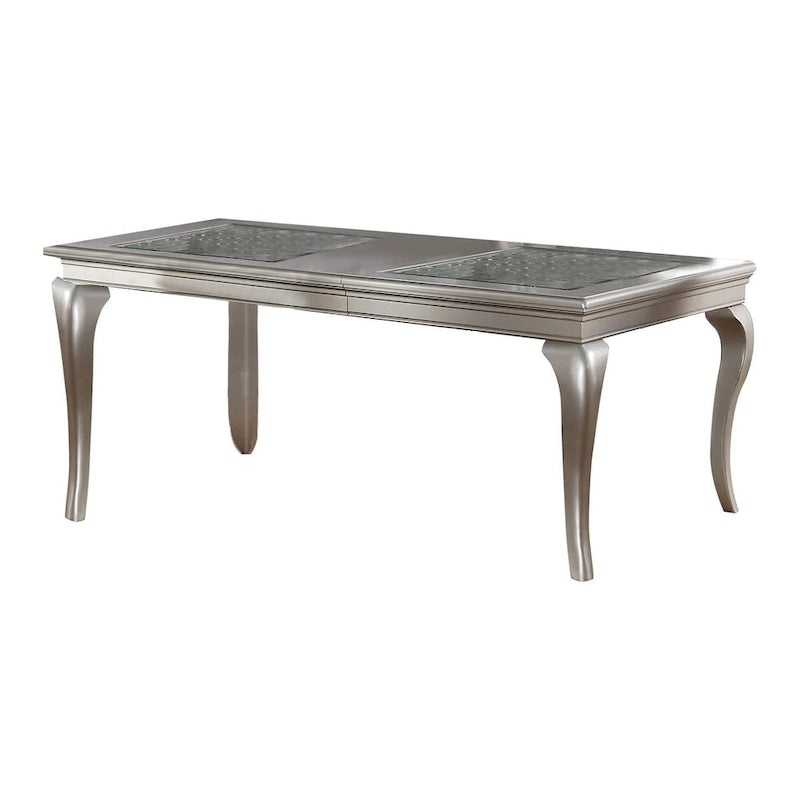 Table de salle à manger 168-213 cm, extensible 6 places, plateau en verre argenté et bois.