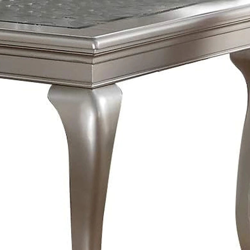 Table de salle à manger 168-213 cm, extensible 6 places, plateau en verre argenté et bois.