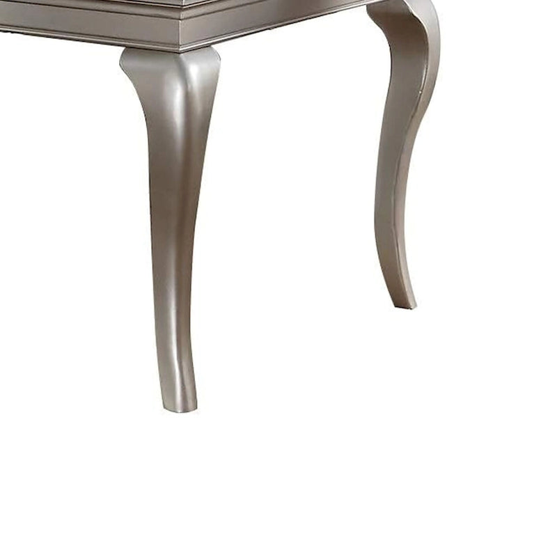 Table de salle à manger 168-213 cm, extensible 6 places, plateau en verre argenté et bois.